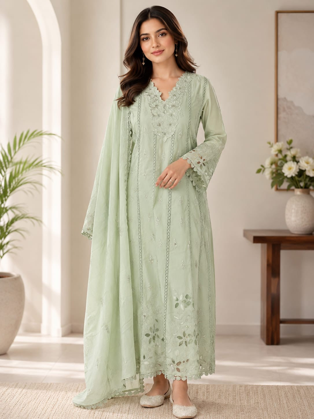 Nimrat Mul-Cotton Anarkali Suit (Pastel Green Color) (MK382).