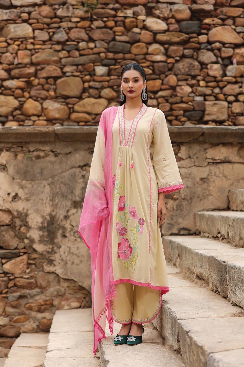 Sharmin's Falak Tulip Cotton Kurta Set (Beige Color) (GB326)