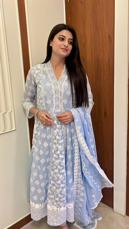 Blue Chikankari Cotton Anarkali Suit.