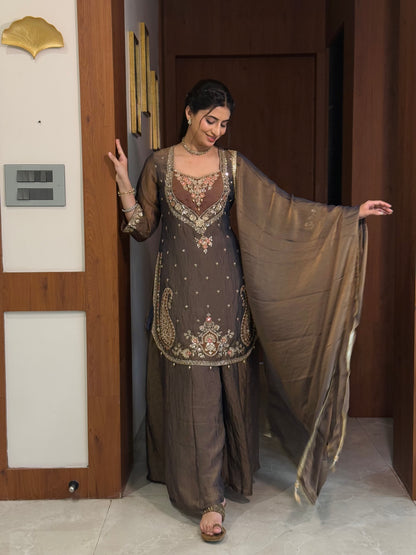 Chandtara Silk Embroidered Suit (Greyish Blue) (MK396).