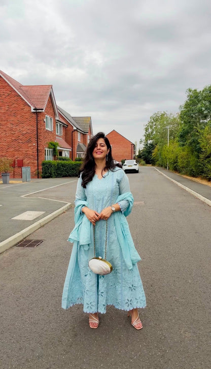 Nimrat Mul-Cotton Anarkali Suit (Light Blue Color) (MK382).