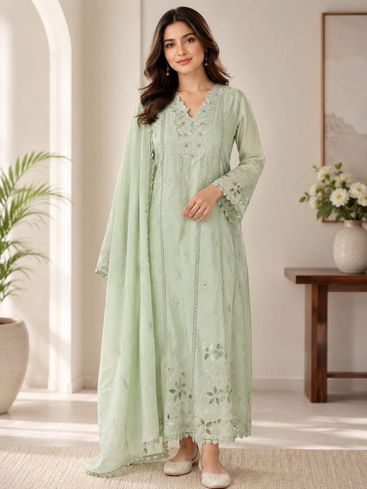 Nimrat Mul-Cotton Anarkali Suit (Pastel Green Color) (MK382).