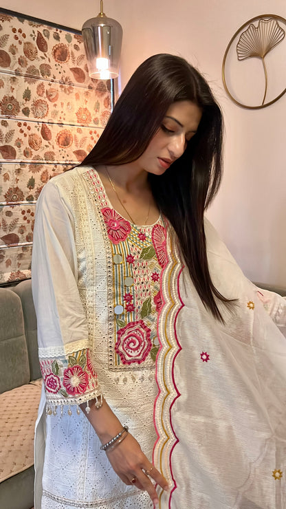 Rose Thread Story Cotton Kurta Set (White Color) (MK353)