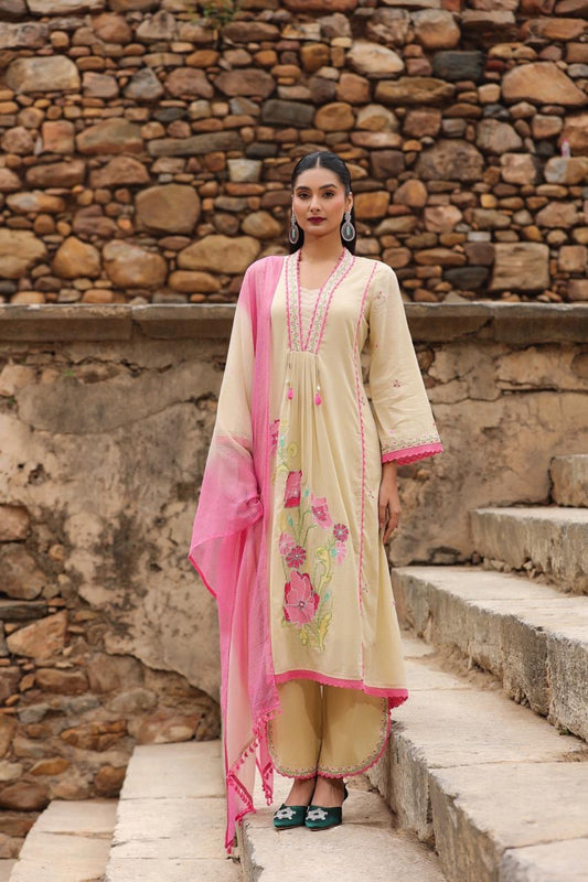 Sharmin's Falak Tulip Cotton Kurta Set (Beige Color) (GB326)