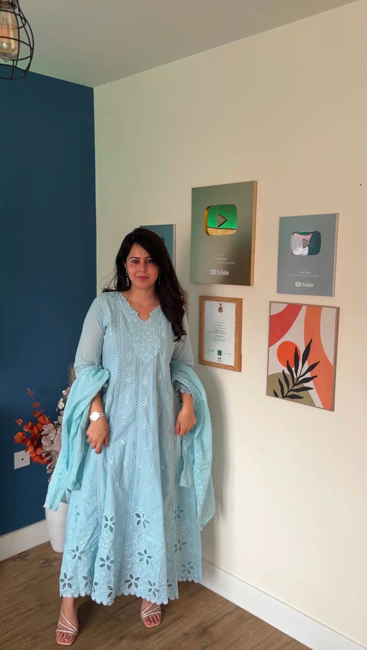 Nimrat Mul-Cotton Anarkali Suit (Light Blue Color) (MK382).