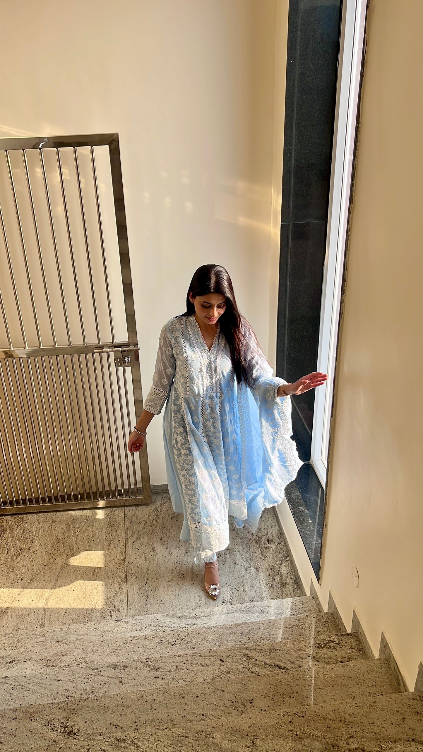 Blue Chikankari Cotton Anarkali Suit.