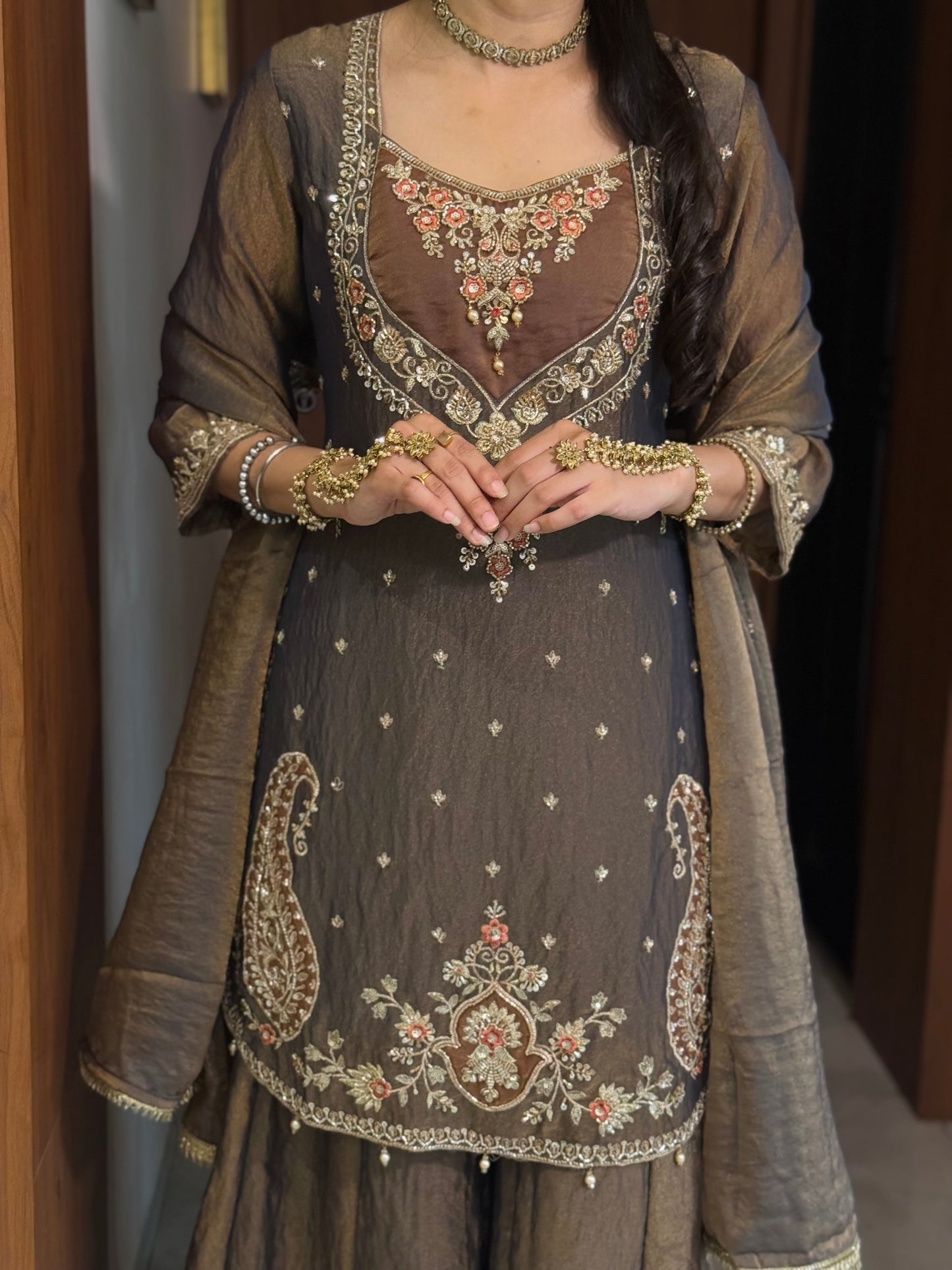 Chandtara Silk Embroidered Suit (Greyish Blue) (MK396).