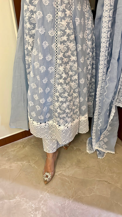 Blue Chikankari Cotton Anarkali Suit.