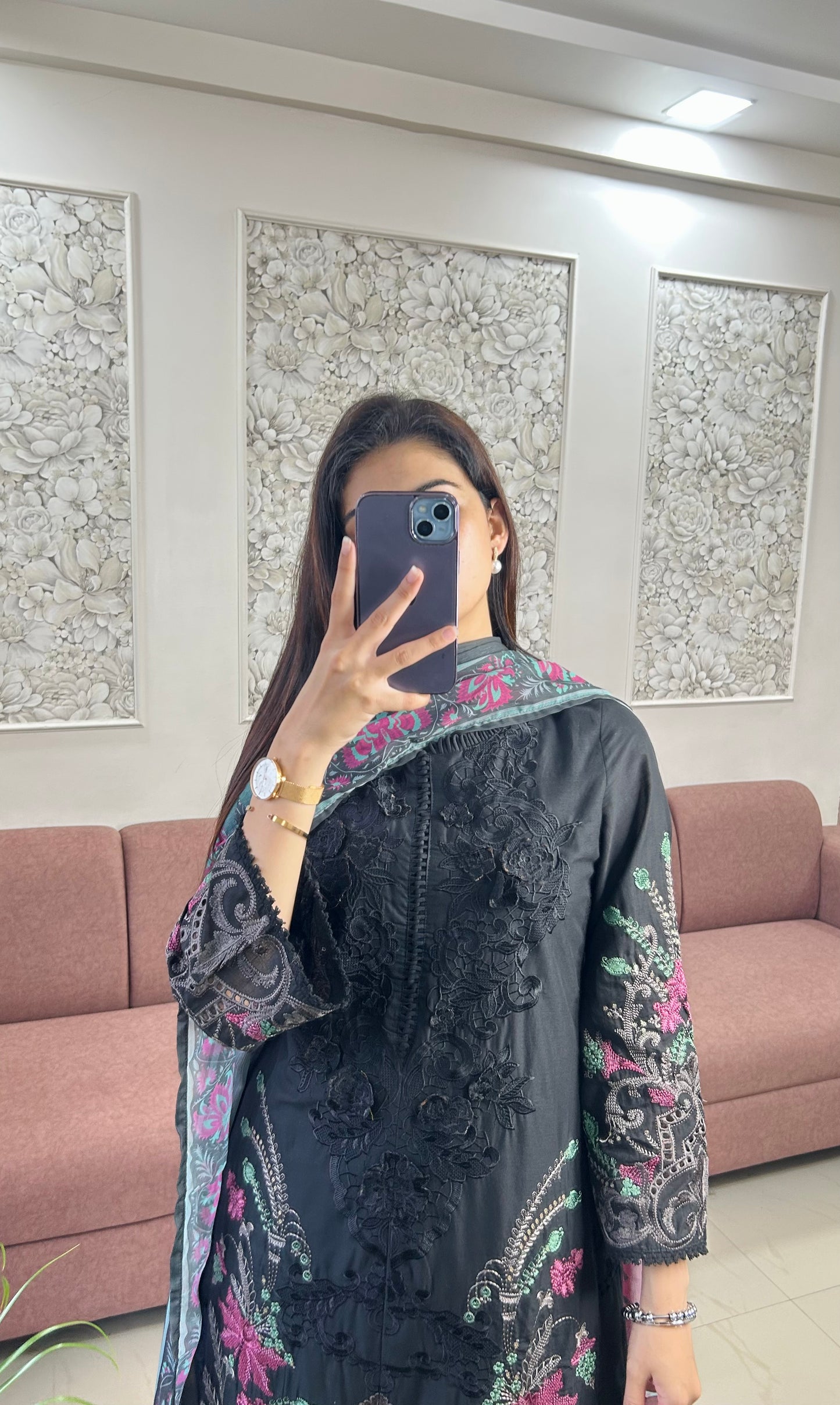 Sajjal Cotton Kurta Set (Black Color) (GB389).