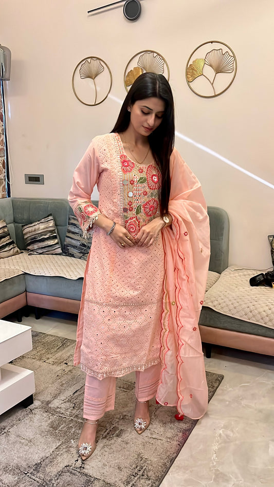 Rose Thread Story Cotton Kurta Set (Pink Color) (MK353)