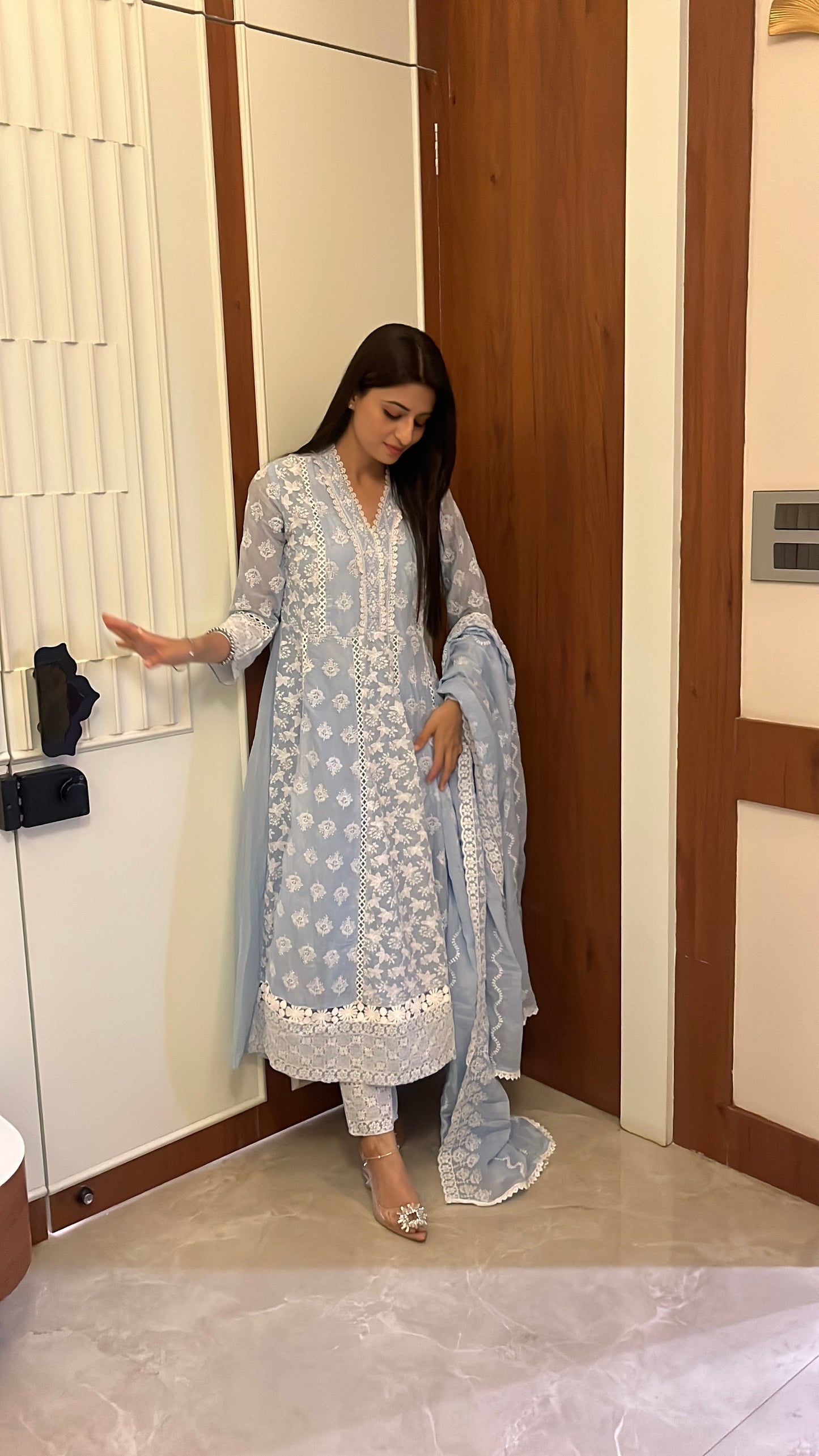 Blue Chikankari Cotton Anarkali Suit.