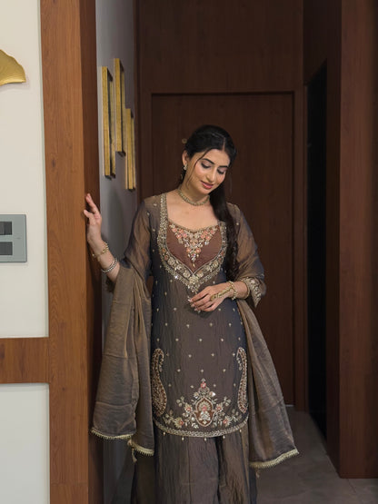 Chandtara Silk Embroidered Suit (Greyish Blue) (MK396).