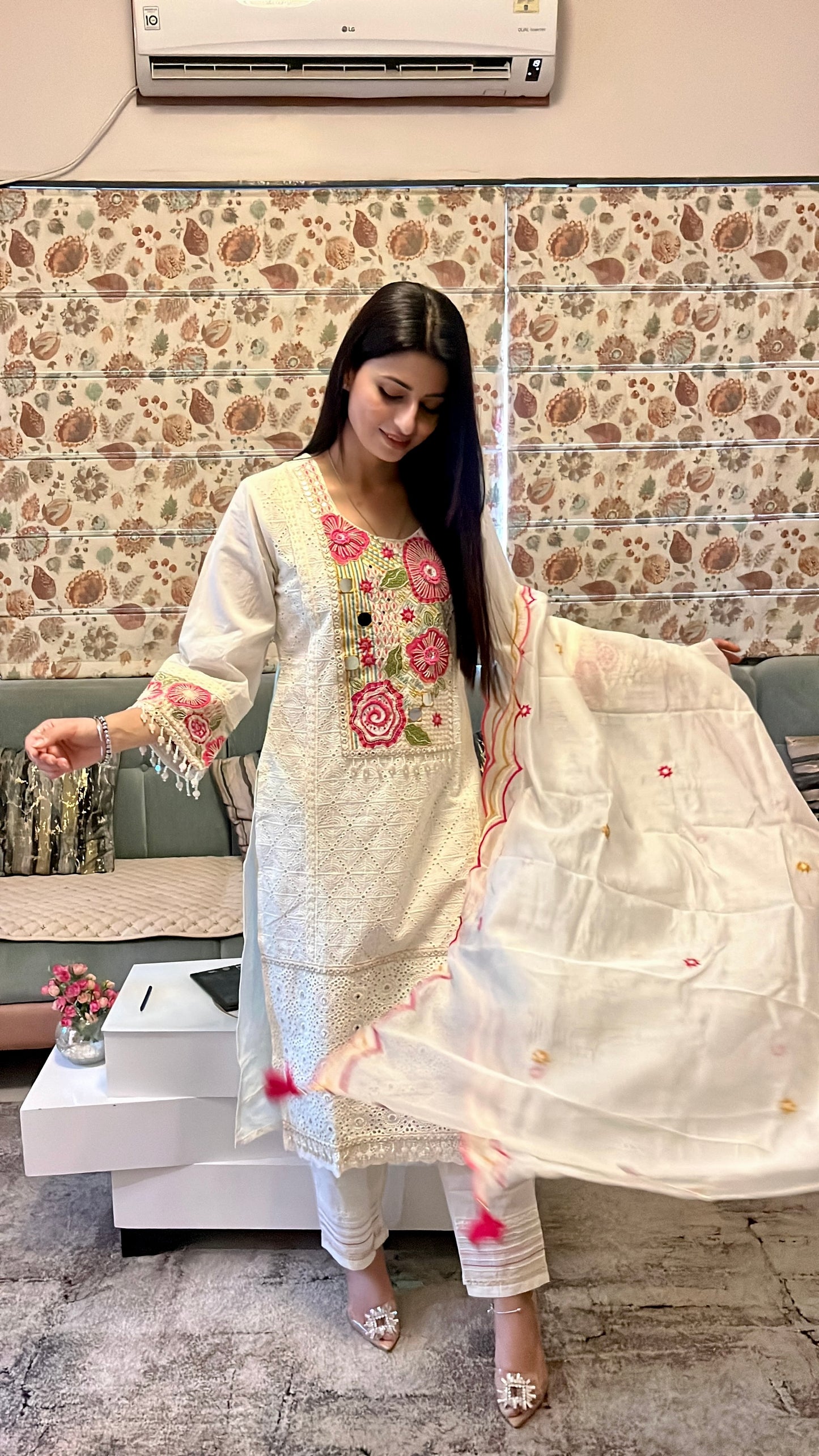 Rose Thread Story Cotton Kurta Set (White Color) (MK353)
