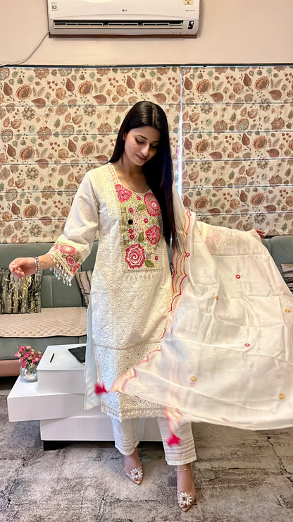 Rose Thread Story Cotton Kurta Set (White Color) (MK353)