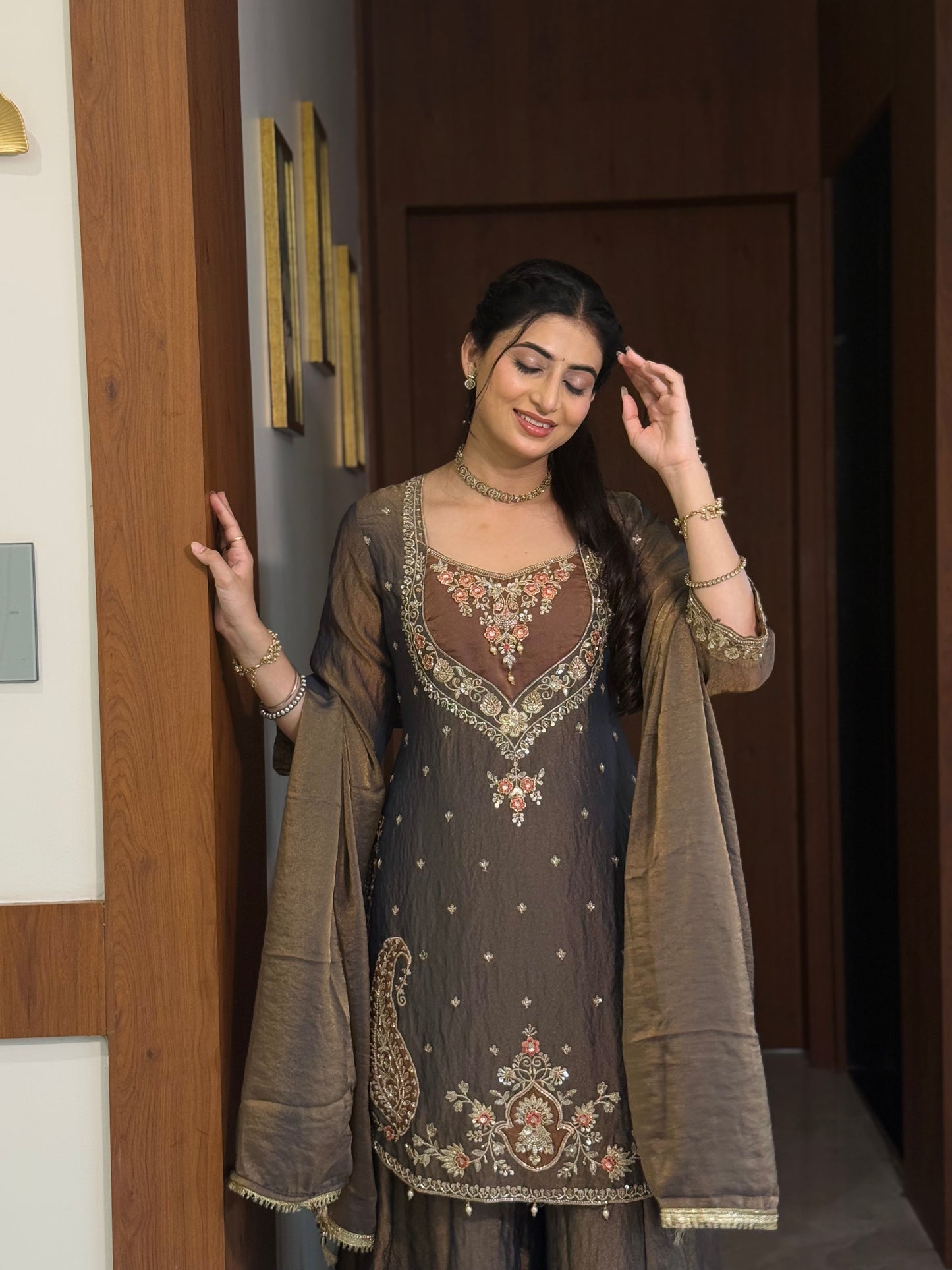 Chandtara Silk Embroidered Suit (Greyish Blue) (MK396).
