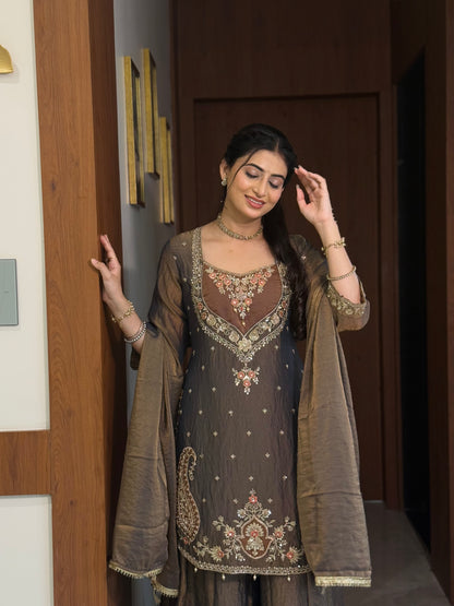 Chandtara Silk Embroidered Suit (Greyish Blue) (MK396).