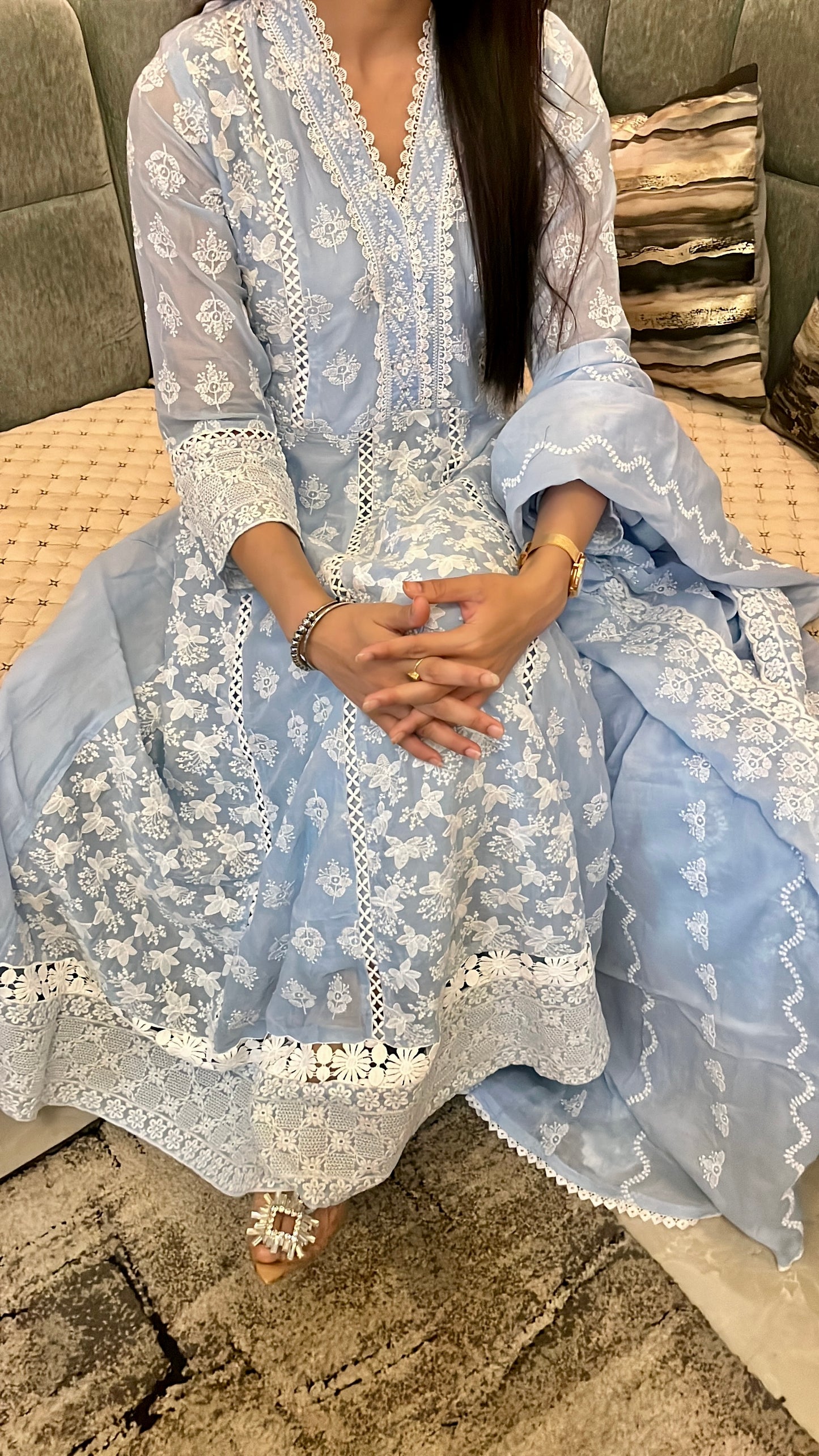 Blue Chikankari Cotton Anarkali Suit.