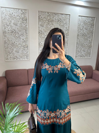 Sifat Reyon Coord Set (Teal Blue Color) (GB383).