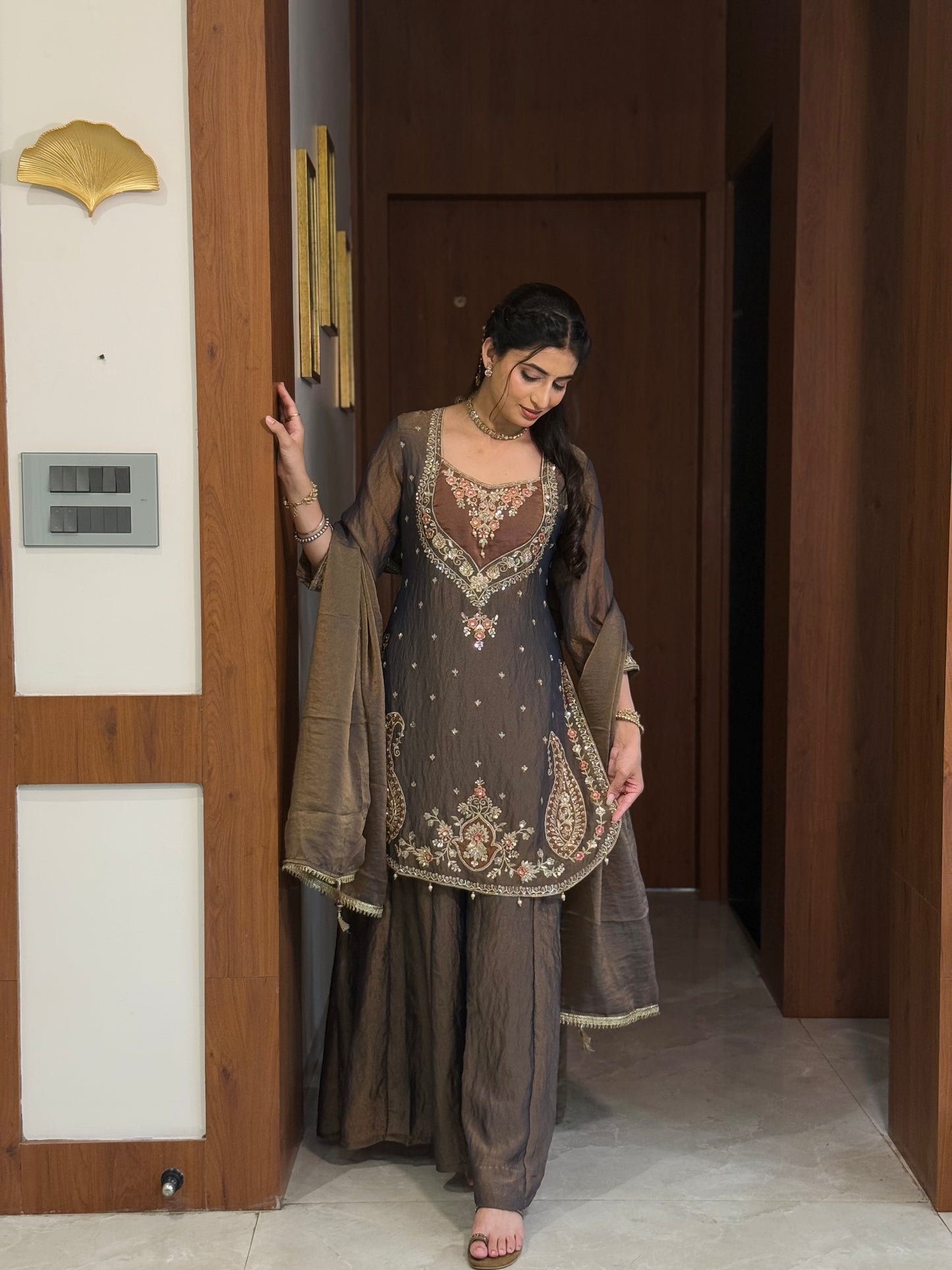 Chandtara Silk Embroidered Suit (Greyish Blue) (MK396).