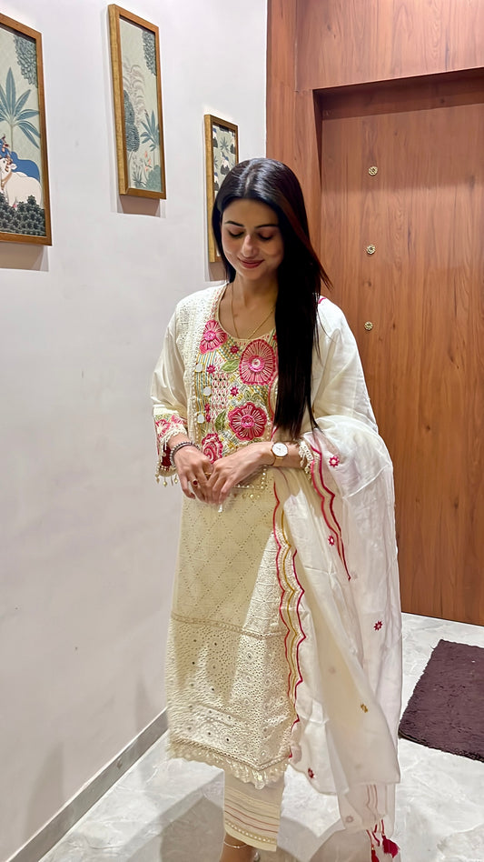 Rose Thread Story Cotton Kurta Set (White Color) (MK353)