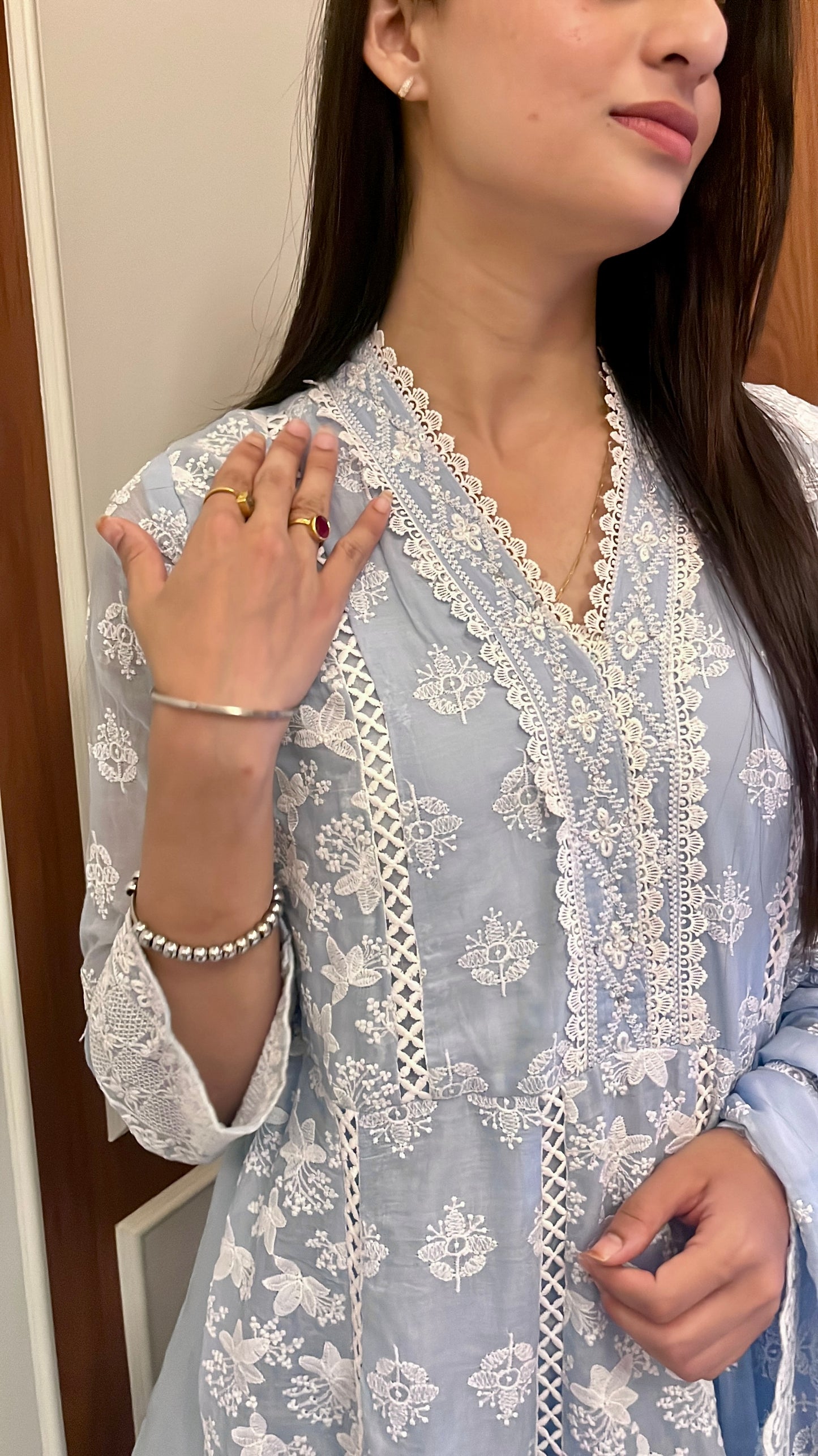 Blue Chikankari Cotton Anarkali Suit.