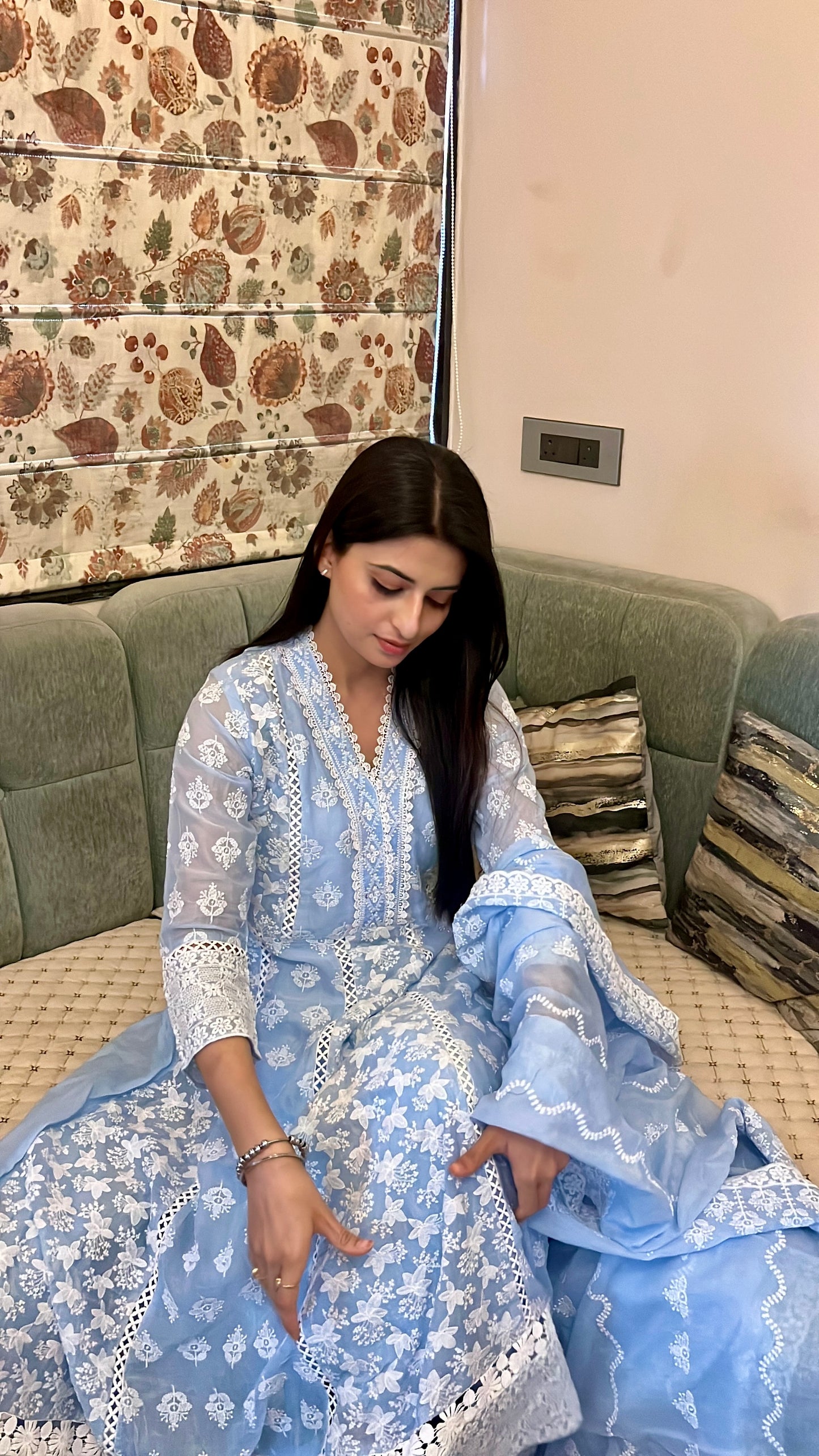 Blue Chikankari Cotton Anarkali Suit.