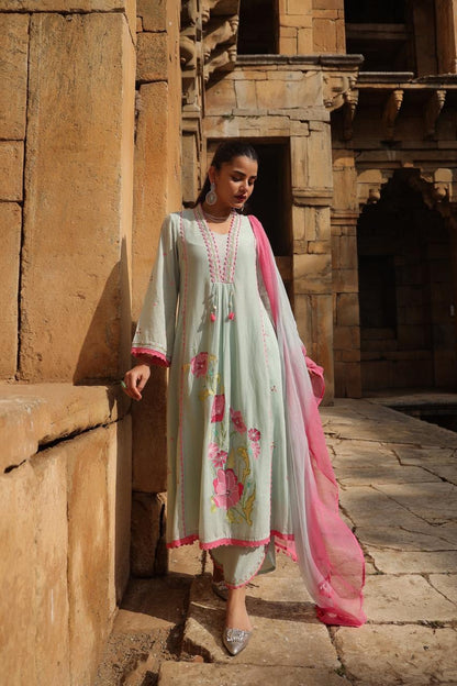 Sharmin's Falak Tulip Cotton Kurta Set (Blue Color) (GB326)