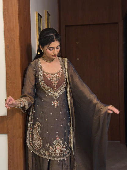 Chandtara Silk Embroidered Suit (Greyish Blue) (MK396).