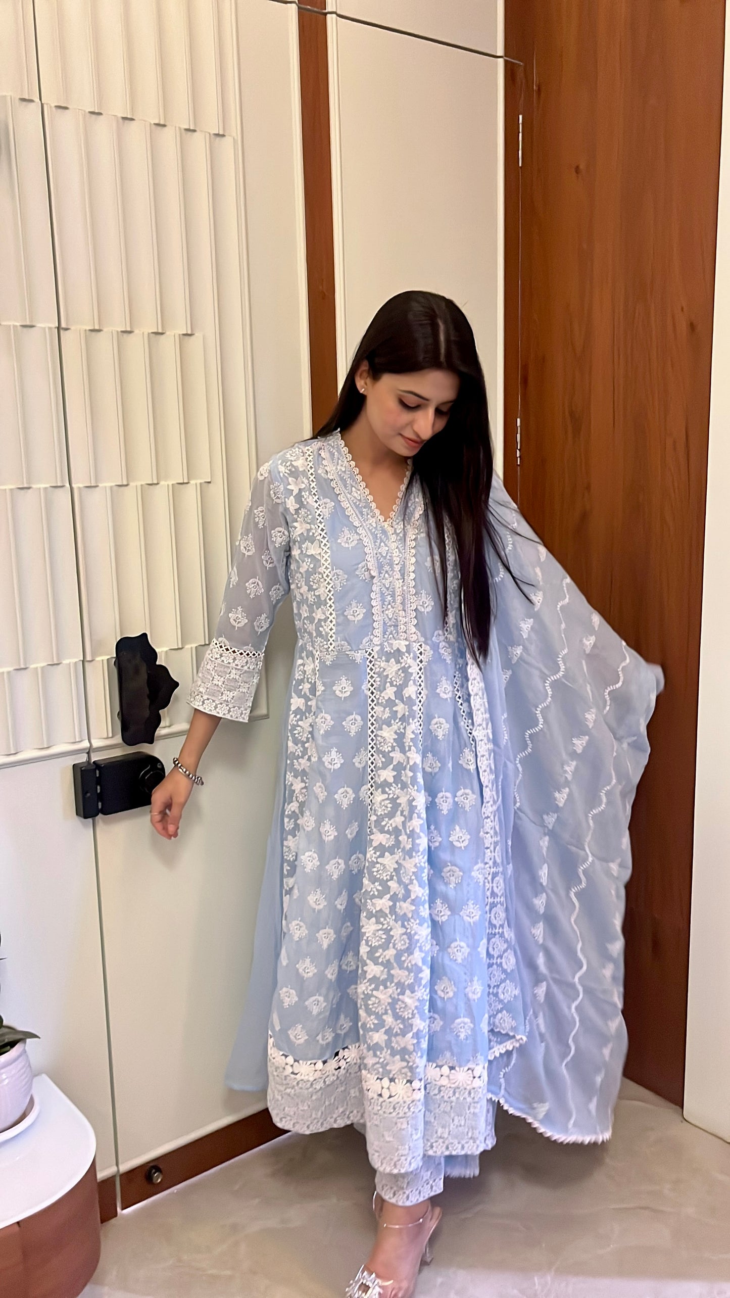 Blue Chikankari Cotton Anarkali Suit.