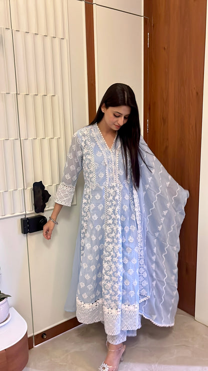 Blue Chikankari Cotton Anarkali Suit.