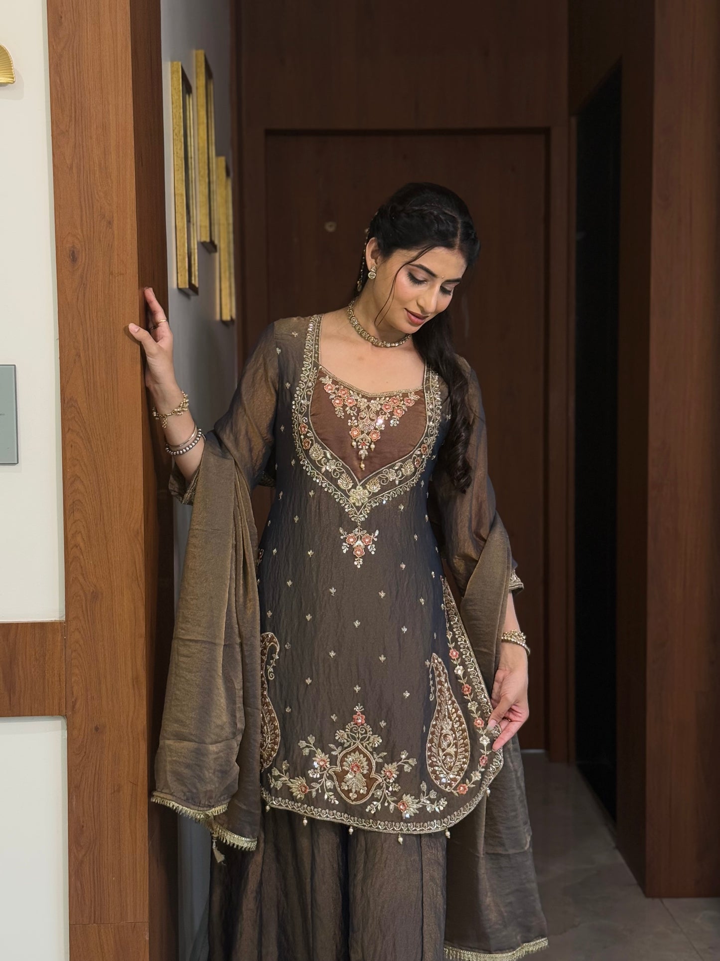 Chandtara Silk Embroidered Suit (Greyish Blue) (MK396).