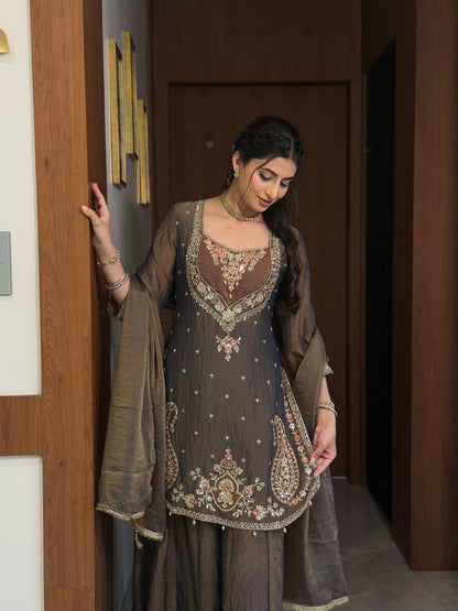 Chandtara Silk Embroidered Suit (Greyish Blue) (MK396).