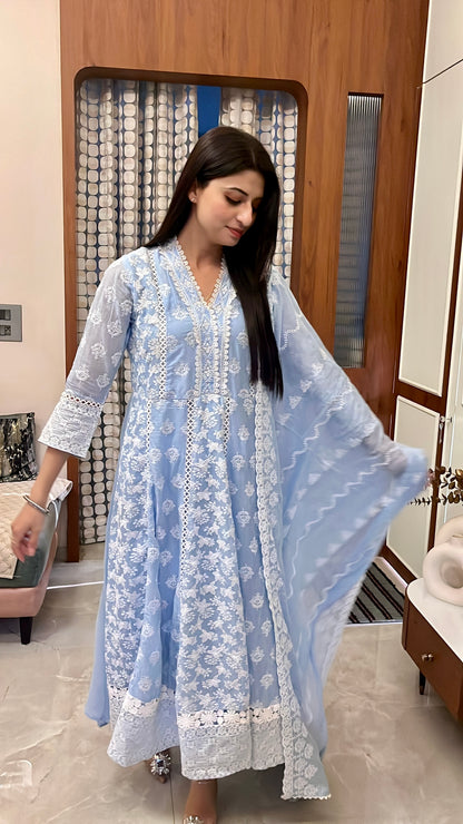 Blue Chikankari Cotton Anarkali Suit.