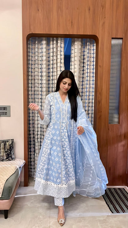 Blue Chikankari Cotton Anarkali Suit.