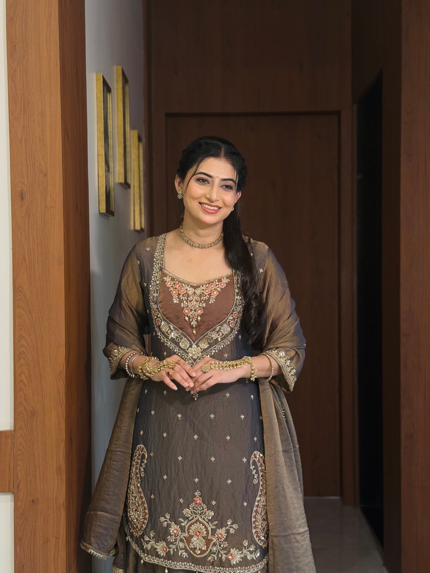 Chandtara Silk Embroidered Suit (Greyish Blue) (MK396).