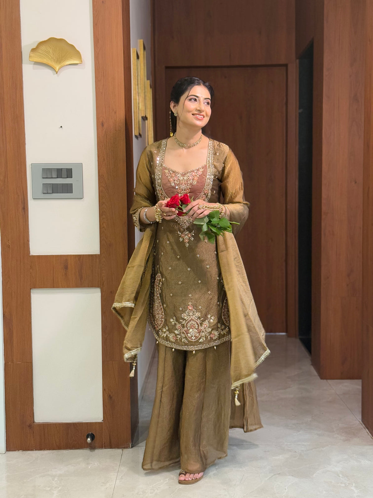 Chandtara Silk Embroidered Suit (Brown) (MK396).
