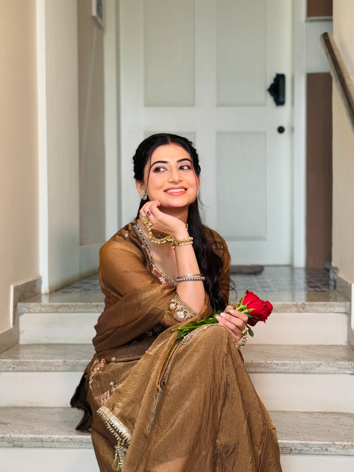 Chandtara Silk Embroidered Suit (Brown) (MK396).