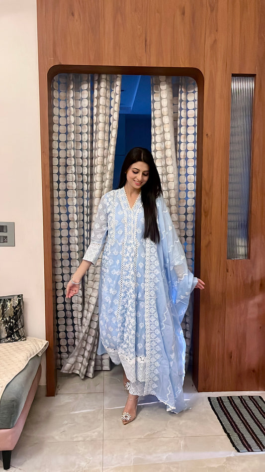 Blue Chikankari Cotton Anarkali Suit.
