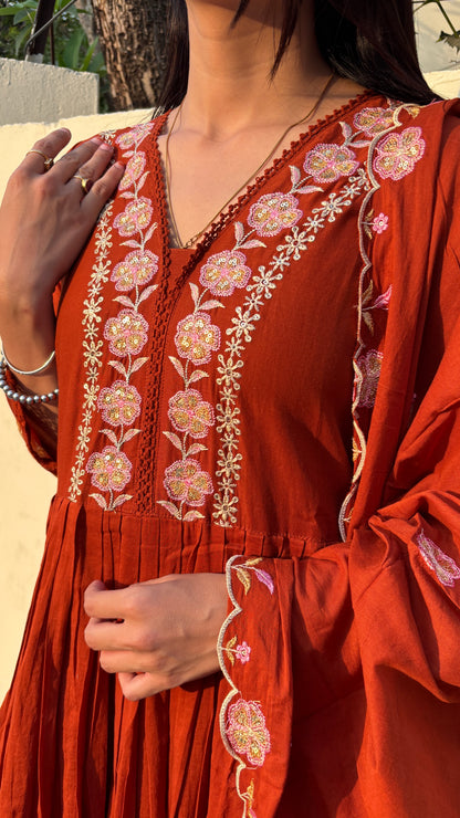 Ruhani Rust Mulcotton Anarkali Suit (MK323)