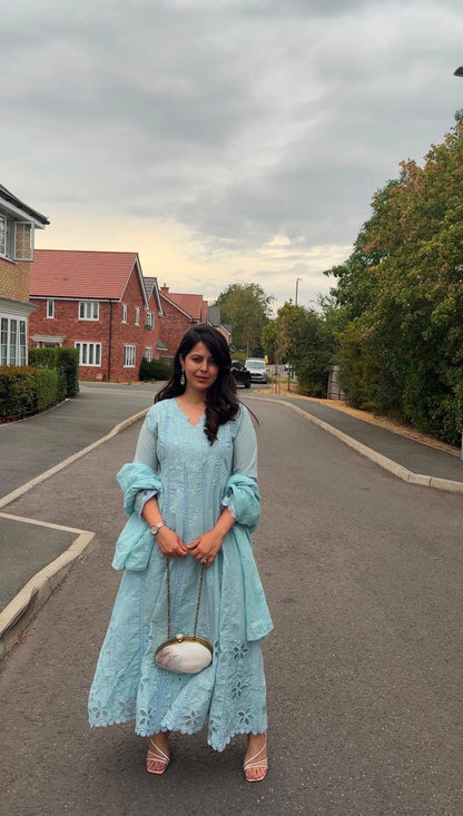 Nimrat Mul-Cotton Anarkali Suit (Light Blue Color) (MK382).