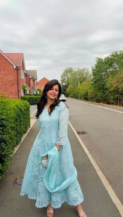 Nimrat Mul-Cotton Anarkali Suit (Light Blue Color) (MK382).