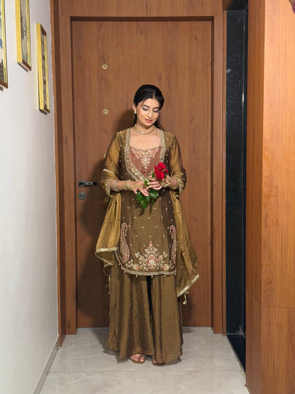 Chandtara Silk Embroidered Suit (Brown) (MK396).