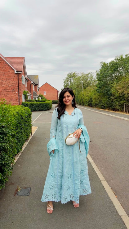 Nimrat Mul-Cotton Anarkali Suit (Light Blue Color) (MK382).
