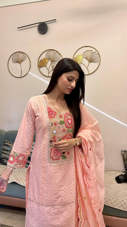 Rose Thread Story Cotton Kurta Set (Pink Color) (MK353)
