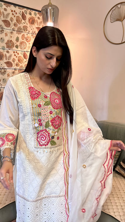 Rose Thread Story Cotton Kurta Set (White Color) (MK353)