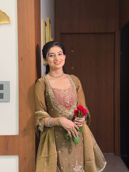 Chandtara Silk Embroidered Suit (Brown) (MK396).