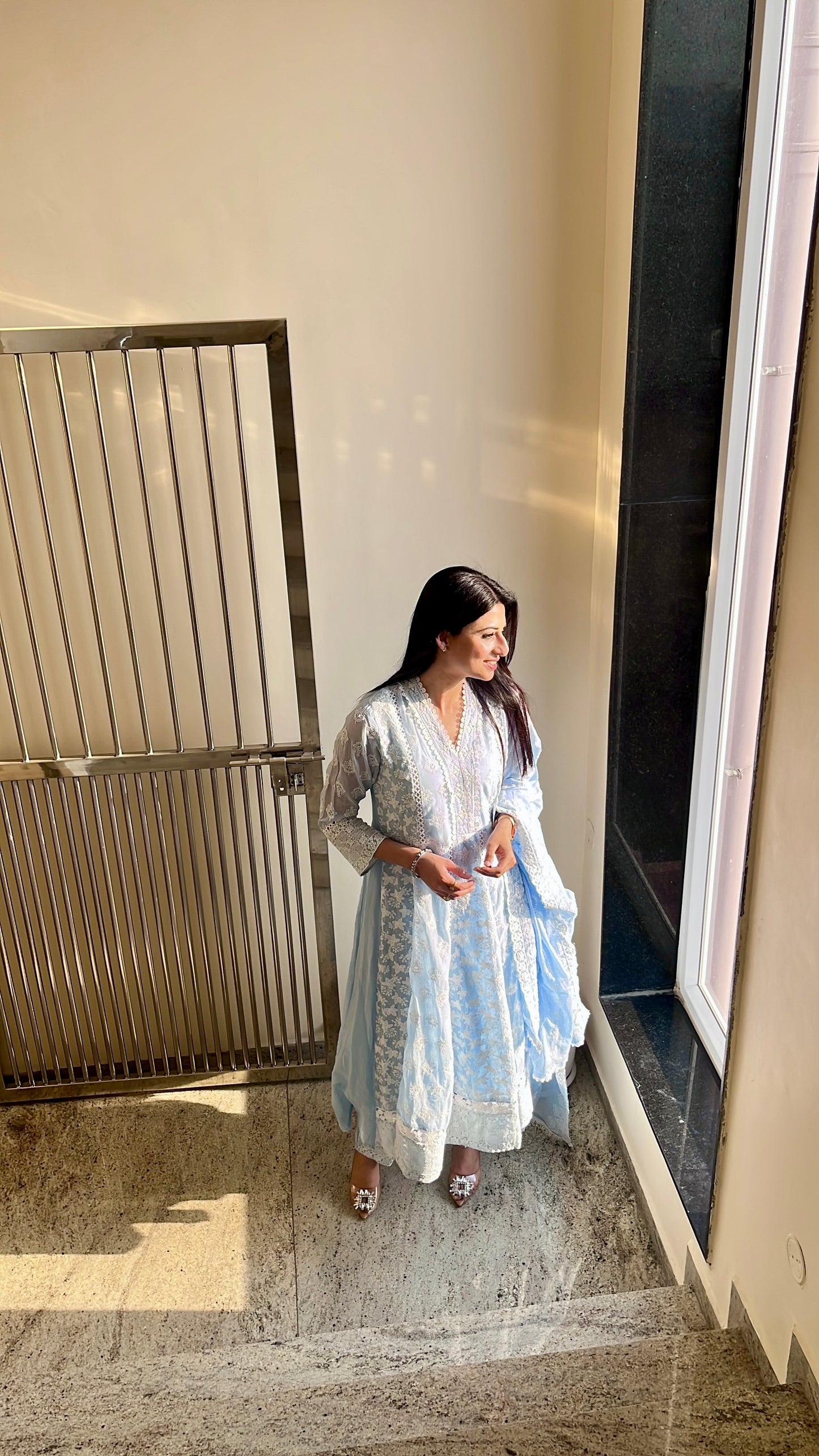 Blue Chikankari Cotton Anarkali Suit.