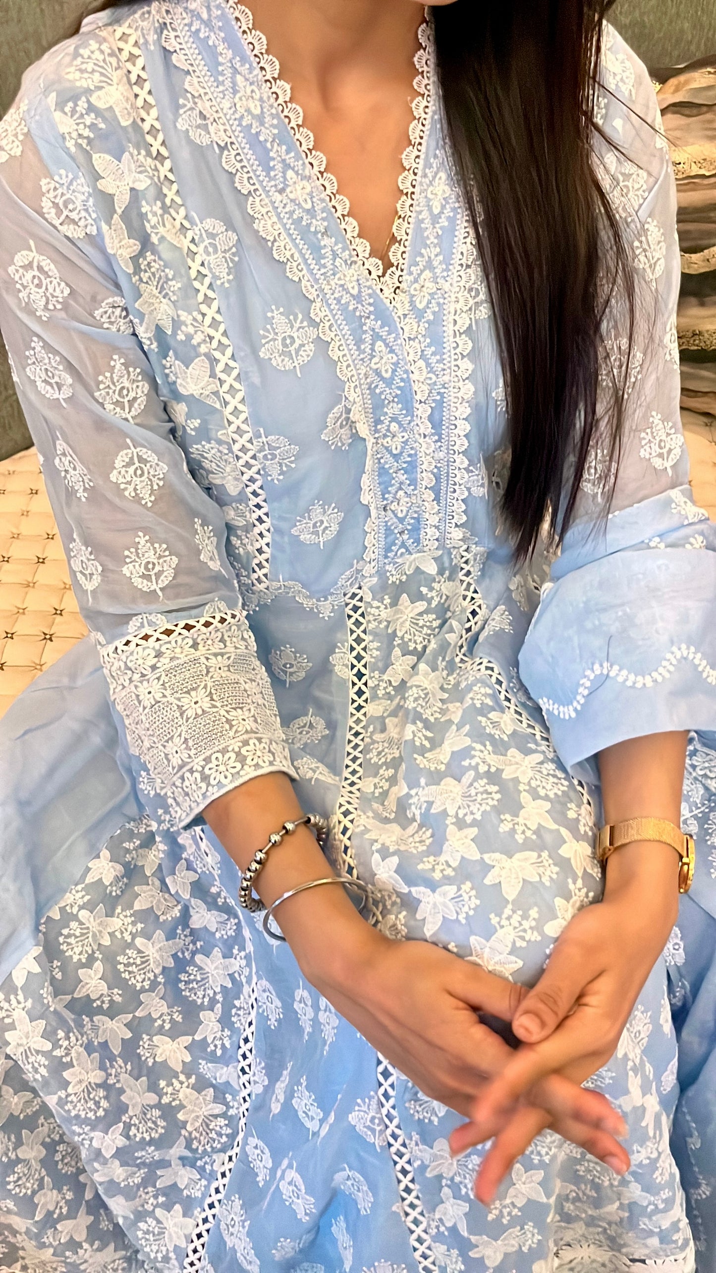 Blue Chikankari Cotton Anarkali Suit.