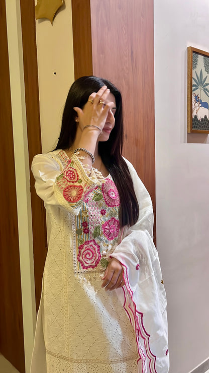 Rose Thread Story Cotton Kurta Set (White Color) (MK353)
