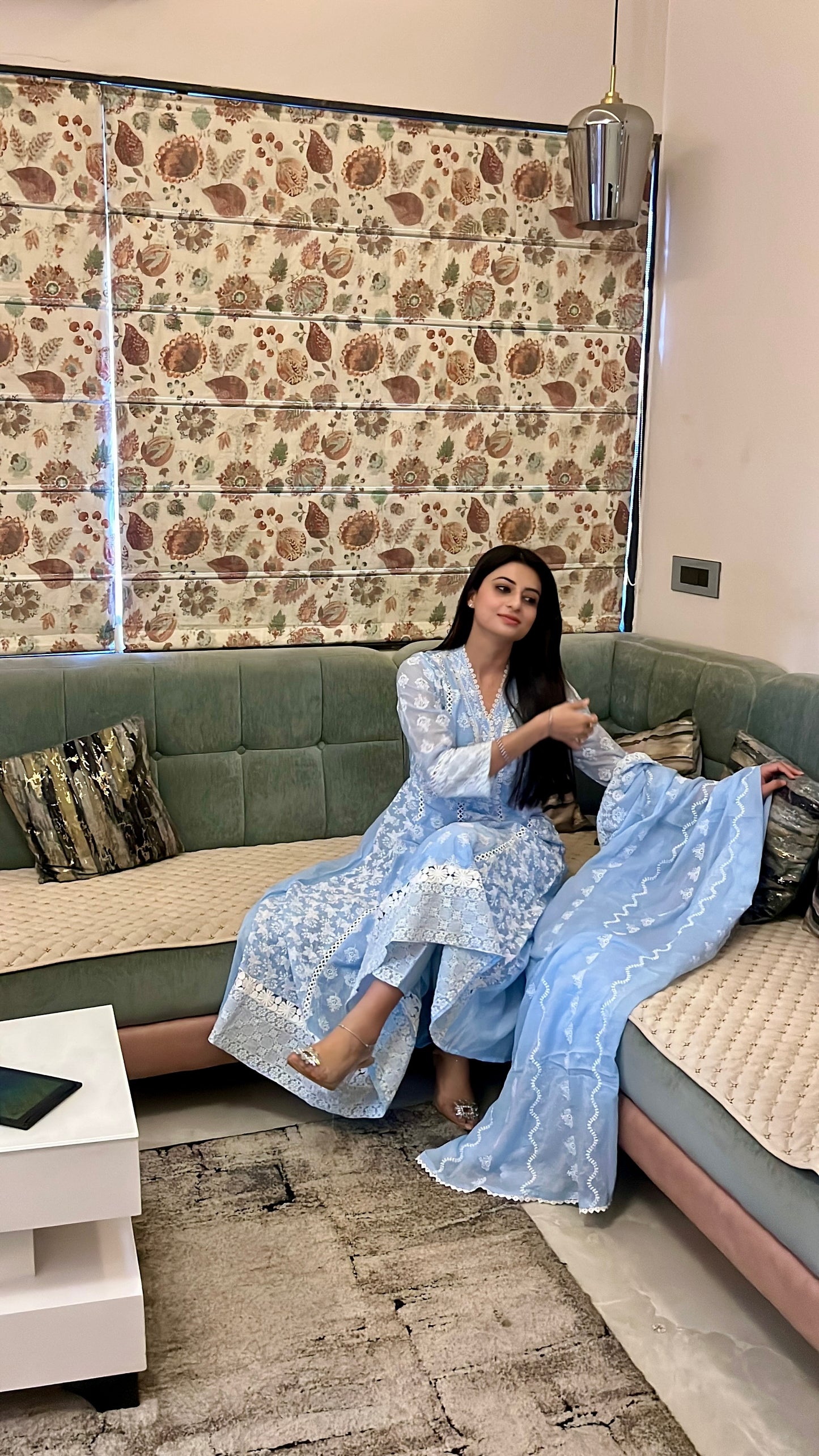 Blue Chikankari Cotton Anarkali Suit.